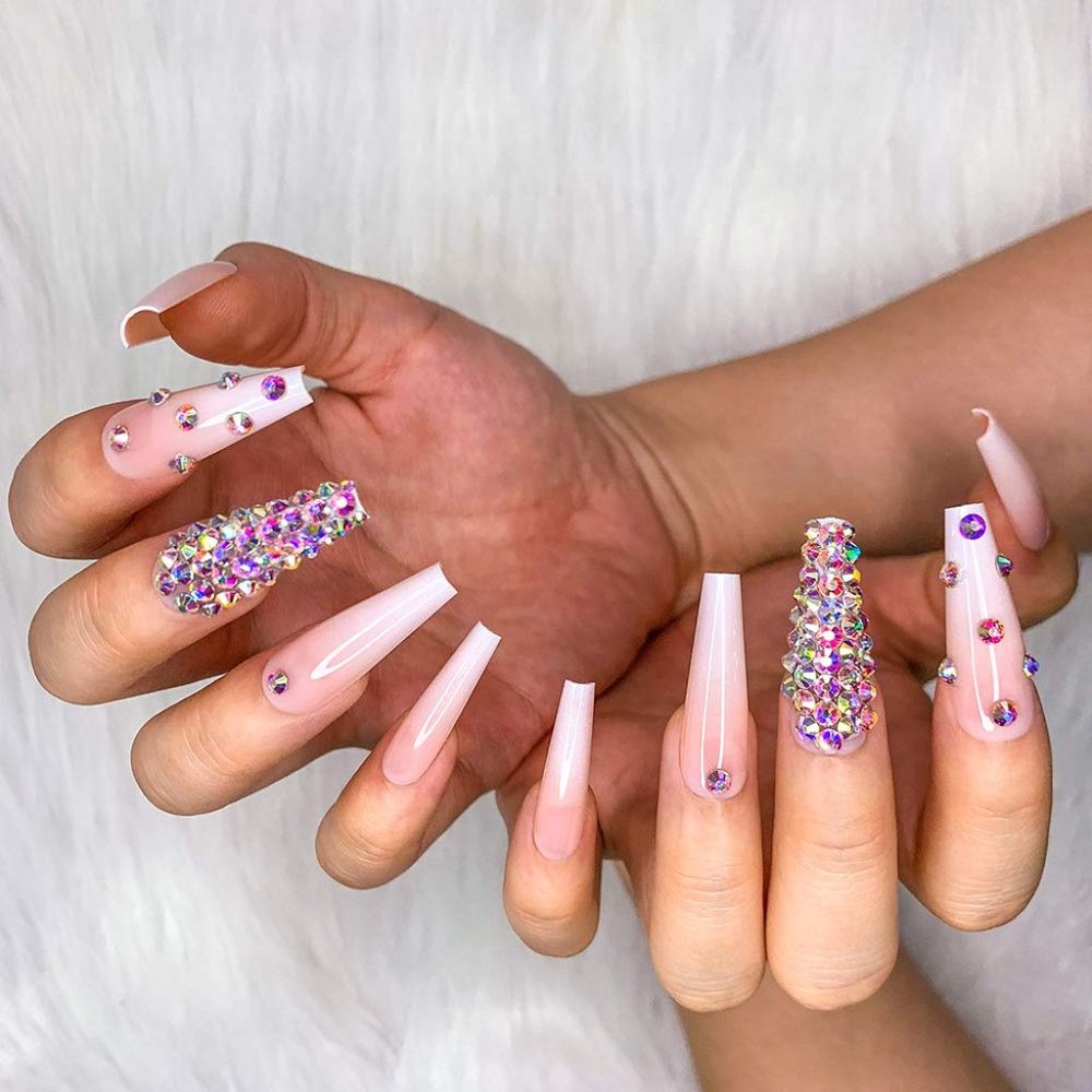 24pcs Glossy Pearl French Press on Nails 3D French Nude White Ballerina Diamond - Picture 3 of 4